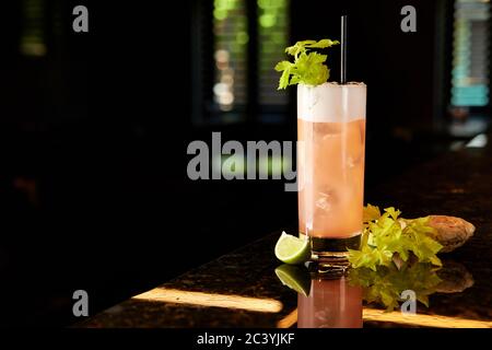 Ein Glas erfrischender Cocktail mit Sellerie, Limette und Ingwer, dekoriert mit frischen Sellerie-Blättern Stockfoto