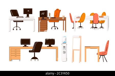 Vector flache Sammlung von Büro-und Home-Arbeitsplätze, Arbeitsplätze - Set von Möbeln - Schreibtisch mit Monitor, Tisch, Stuhl, Büro Wasser, Manager Sitz Stock Vektor