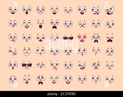 Niedliche Emoji-Kollektion Mit Tiermotiv. 48 lustige Gesichtsausdrücke mit Tiernase. Vektorgrafik im Cartoon-Stil. Stock Vektor