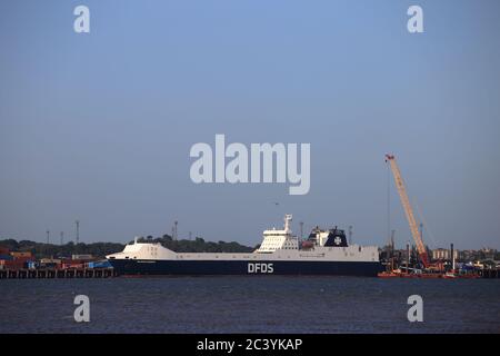 Das Ro-Ro Frachtschiff Selandia Seaways dockte am Ro-Ro 4 Terminal, Hafen von Felixstowe, Suffolk, Großbritannien an Stockfoto