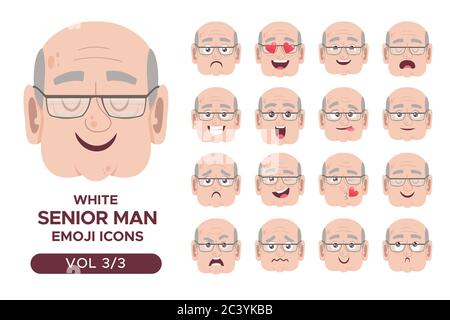 Avatar für männliche Gesichtsemotion. Weißer älterer Mann Emoji Charakter mit verschiedenen Ausdrücken. Vektorgrafik im Cartoon-Stil. Satz 3 von 3. Stock Vektor