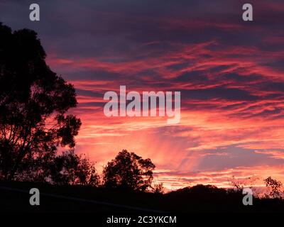 Ein spektakulärer feuriger Sonnenuntergang mit heißem Rosa, das auf violetten grauen Wolken über und leuchtenden goldenen orangefarbenen Wolken unter Ihnen leuchtet, Winterabend in Oz Stockfoto