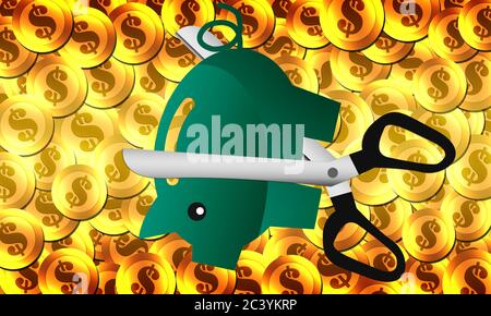 Schere geht durch ein Sparschwein. 3d-Rendering Stockfoto