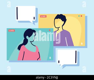 Menschen sprechen miteinander auf dem Computerbildschirm, Konferenz-Video-Anruf, arbeiten von zu Hause Vektor-Illustration Design Stock Vektor
