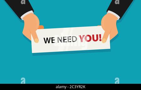 Hände halten ein Stück Papier mit Text Wir brauchen Sie, Vektor-Illustration Stock Vektor
