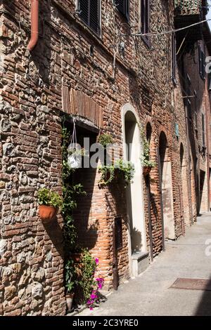 Fassade und Türen eines alten Backsteinhauses eines mittelalterlichen Dorfes in italien, mit blühenden Pflanzen in Töpfen. Stockfoto