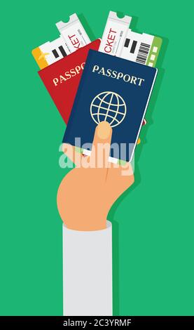 Reisepass mit Tickets in der Hand Vektor-Illustration isoliert auf Hintergrund. Stock Vektor
