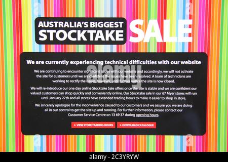 Online-Verkäufe waren nicht Teil der größten Stocktake Sale in Australien bei Myer, nachdem die Website erlebt technische Schwierigkeiten. Stockfoto