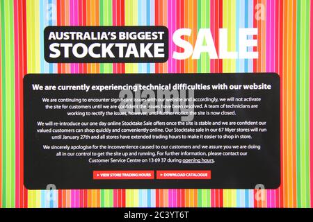 Online-Verkäufe waren nicht Teil der größten Stocktake Sale in Australien bei Myer, nachdem die Website erlebt technische Schwierigkeiten. Stockfoto