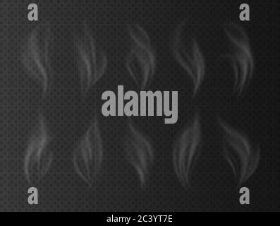 Realistischer weißer Rauch, Ansammlung von Dampfeffekten von einer Zigarette, erhitztem Tee oder Kaffee. Köstliches Geruchkonzept. Stock Vektor