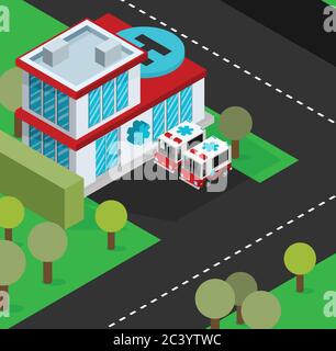 Isometrisches Krankenhaus und Ambulanzgebäude mit Parkplatz und 3d-Autos. Vektorgrafik in flacher Form. Stock Vektor