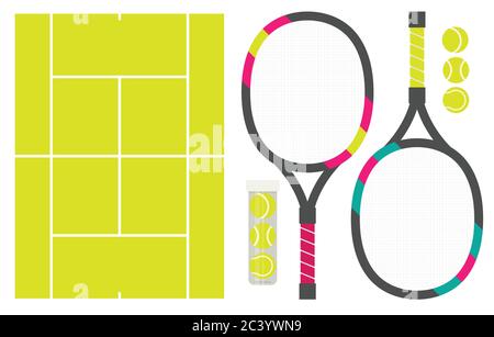 Vector Set von Tennisschlägern, Schnur und Tennisbällen Stock Vektor