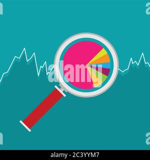 Analyse von Marketingdaten, Analyse von Statistikdiagrammen, Lupe mit Zahlen der Börsenmarktgraphen. Flache Ikone modernes Design Stil Vektor illustrat Stock Vektor
