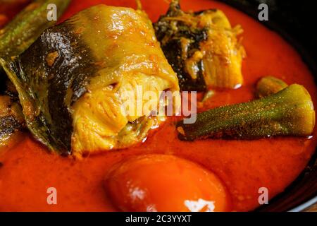 Wels mit würziger Currygravie und Gemüse Stockfoto