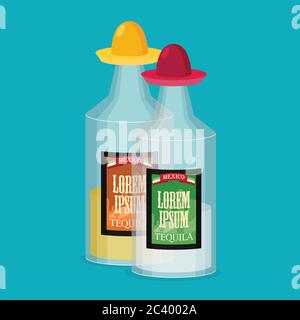 Tequila-Flaschensatz. Vektor flach. Stock Vektor