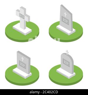 Vektor-Illustration grauer Grabstein mit Kreuz auf grünem Gras. Flacher isometrischer Grabstein-Icon-Satz Stock Vektor