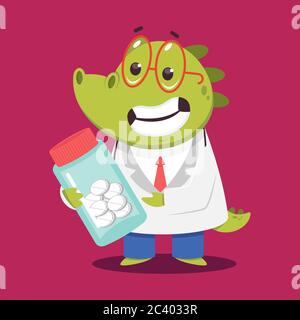 Kinderarzt Krokodil mit Pillen Vektor Cartoon lustige medizinische Figur auf Hintergrund isoliert. Stock Vektor