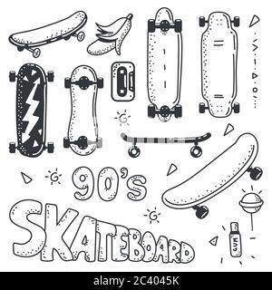 Skateboard Doodle Skizzenelement Vektor auf einem weißen Hintergrund isoliert gesetzt. Stock Vektor