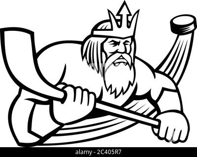 Schwarz-weißes Maskottchen Illustration von Poseidon oder Neptun, gott des Meeres in der griechischen und römischen Mythologie mit einem Eishockey-Stick mit Puck angesehen f Stock Vektor