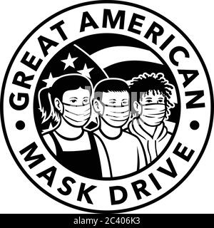 Retro-Stil Illustration von amerikanischen Kindern verschiedener Rasse oder Ethnizität tragen Gesichtsmaske mit USA-Stars und Streifen Flagge innerhalb Kreis mit Wort Stock Vektor