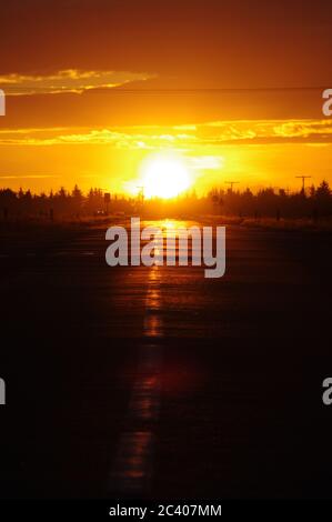 Abfolge von Bildern eines Sonnenuntergangs vom gleichen Standpunkt, Sonnen in die Straße setzen, von Bäumen gesäumtes Silho Stockfoto