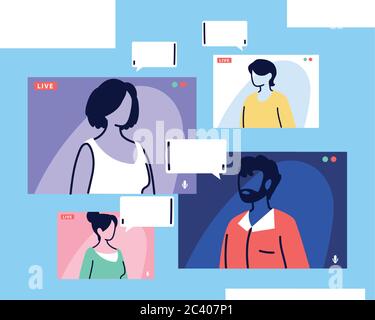 Menschen sprechen miteinander auf dem Computerbildschirm, Konferenz-Video-Anruf, arbeiten von zu Hause Vektor-Illustration Design Stock Vektor