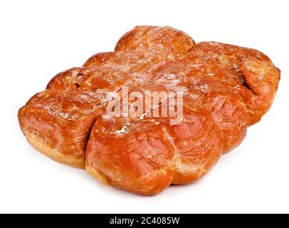 Schinken, Schweinefleisch, Speck - geräucherter Schinken auf weißem Hintergrund. Schinkenscheiben. Stockfoto