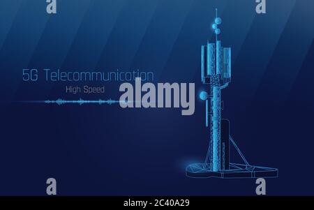 3d-Empfänger der Basisstation. Telecommunication Tower 5 g polygonalen Design global connection Informationen Sender. Die Funkantenne zellulären Vektor Stockfoto