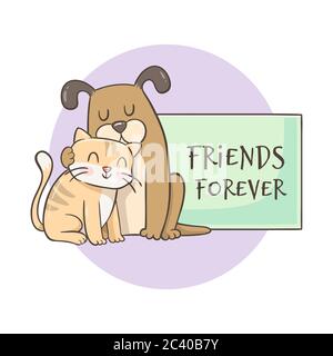 Hund umarmt eine Katze. Niedliches handgezeichnetes Charakterdesign mit dem Text 'friends forever'. Freundschaftskonzept. Konzept für Tierliebhaber. Stock Vektor