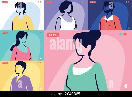 Menschen sprechen miteinander auf dem Computerbildschirm, Konferenz-Video-Anruf, arbeiten von zu Hause Vektor-Illustration Design Stock Vektor