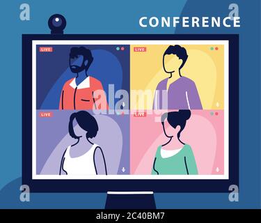 Menschen sprechen miteinander auf dem Computerbildschirm, Konferenz-Video-Anruf, arbeiten von zu Hause Vektor-Illustration Design Stock Vektor