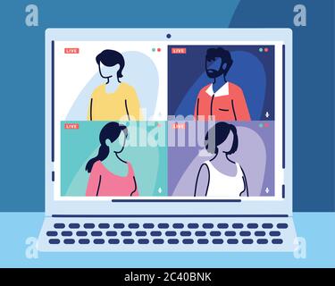 Menschen sprechen miteinander auf dem Computerbildschirm, Konferenz-Video-Anruf, arbeiten von zu Hause Vektor-Illustration Design Stock Vektor