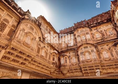 Jodhpur Fort Sonnenaufgang erschossen in der Nähe Haupteingang Tor, Indien. Stockfoto