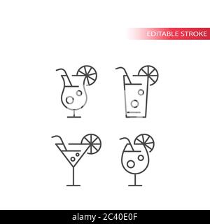 Cocktailgläser dünne Linie Vektor Icon Set. Cocktail-Glas mit Stroh und Zitronenscheibe umreiß Symbole, editierbare Kontur. Stock Vektor