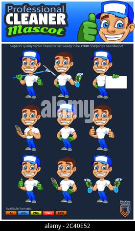 Reiniger Maskottchen Zeichensatz. 9 verschiedene Reinigungskartons in einem Pack. Handgezeichnetes, detailreiches professionelles Qualitäts-Character-Kit. Stock Vektor