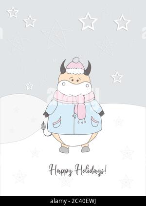 Neujahrskarte 2021. Niedlichen Ochsen in einem Schal Illustration. Winter handgezeichnete Karte. Frohe Feiertage. Stock Vektor