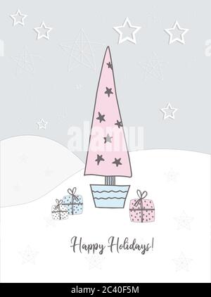 Neujahrskarte 2021. Weihnachtsbaum. Winter handgezeichnete Karte. Frohe Feiertage. Stock Vektor