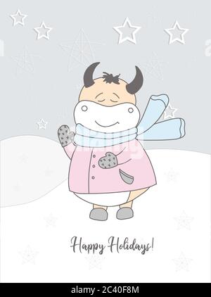 Neujahrskarte 2021. Niedlichen Ochsen in einem Schal Illustration. Winter handgezeichnete Karte. Winterurlaub. Stock Vektor