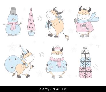 Weihnachts- und Neujahrsdesign-Set. Festliche Dekorationselemente: Noel, Schneemann, Schneeflocken, Geschenke. Ochse oder Stier Charakter. Für Karten, Poster, Banner Stock Vektor