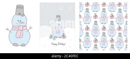 Niedlichen Schneemann in einem Schal Illustration. Winter handgezeichnete Karten und nahtlose Muster. Schnee. 2021. Frohe Feiertage. Weihnachten und Neujahr.. Stock Vektor
