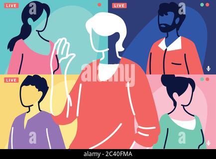 Menschen sprechen miteinander auf dem Computerbildschirm, Konferenz-Video-Anruf, arbeiten von zu Hause Vektor-Illustration Design Stock Vektor