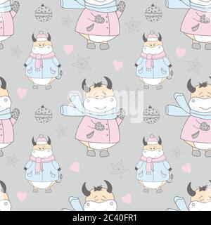 Neujahrsmuster mit einem Bullen. Ochsymbol von 2021. Lustige Ochse Illustration. Geschenkpapier, weihnachts-Textil-Design.. Stock Vektor