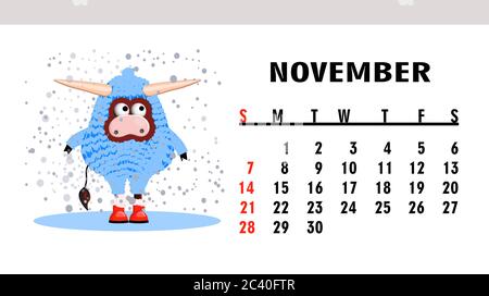 Kalenderseite 2021. Kalender horizontal mit Stieren oder Ochsen. OX Charakter.November. Stock Vektor