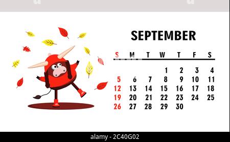 September 2021. Horizontaler Kalender mit Stieren oder Ochsen. OX-Zeichen... Stock Vektor