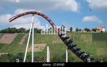 Cleebronn, Deutschland. Juni 2020. Besucher der Eröffnungsveranstaltung zur Einweihung von zwei neuen Achterbahnen im Freizeitpark Tripsdrill fahren die Achterbahn "voll im Schwung". Für die Öffentlichkeit werden beide Achterbahnen am 26. Juni in Betrieb gehen. Quelle: Marijan Murat/dpa/Alamy Live News Stockfoto