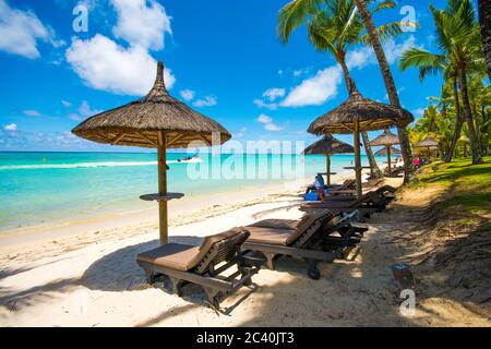 Trou aux biches Mauritius.tropischer exotischer Strand mit Palmen und klarem blauen Wasser. Sonnenliegen in der Nähe des Meeres an einem wunderschönen exotischen Strand. Stockfoto