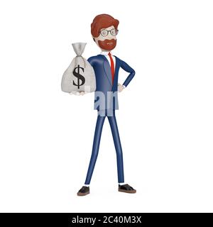 Cartoon-Charakter Geschäftsmann mit gebunden Rustikale Leinwand Leinen Geld Sack oder Geldbeutel mit Dollar Zeichen in der Hand auf einem weißen Hintergrund. 3d-Rendering Stockfoto