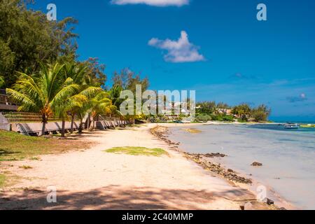 BAIN BOEUF Mauriutius. Schöner Strand im Norden von Mauritius. Coin de Mire, weißer Strand unter Palmen. Stockfoto