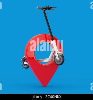 Weißer moderner Eco Elektro-Kick Scooter mit roter Karte Pointer Pin auf blauem Hintergrund. 3d-Rendering Stockfoto