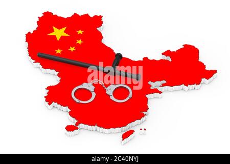 Konzept Des Polizeistaates. Metallhandschellen mit schwarzem Gummipolizisten oder Nachtknüppel über China Flagge und Karte auf weißem Hintergrund. 3d-Rendering Stockfoto